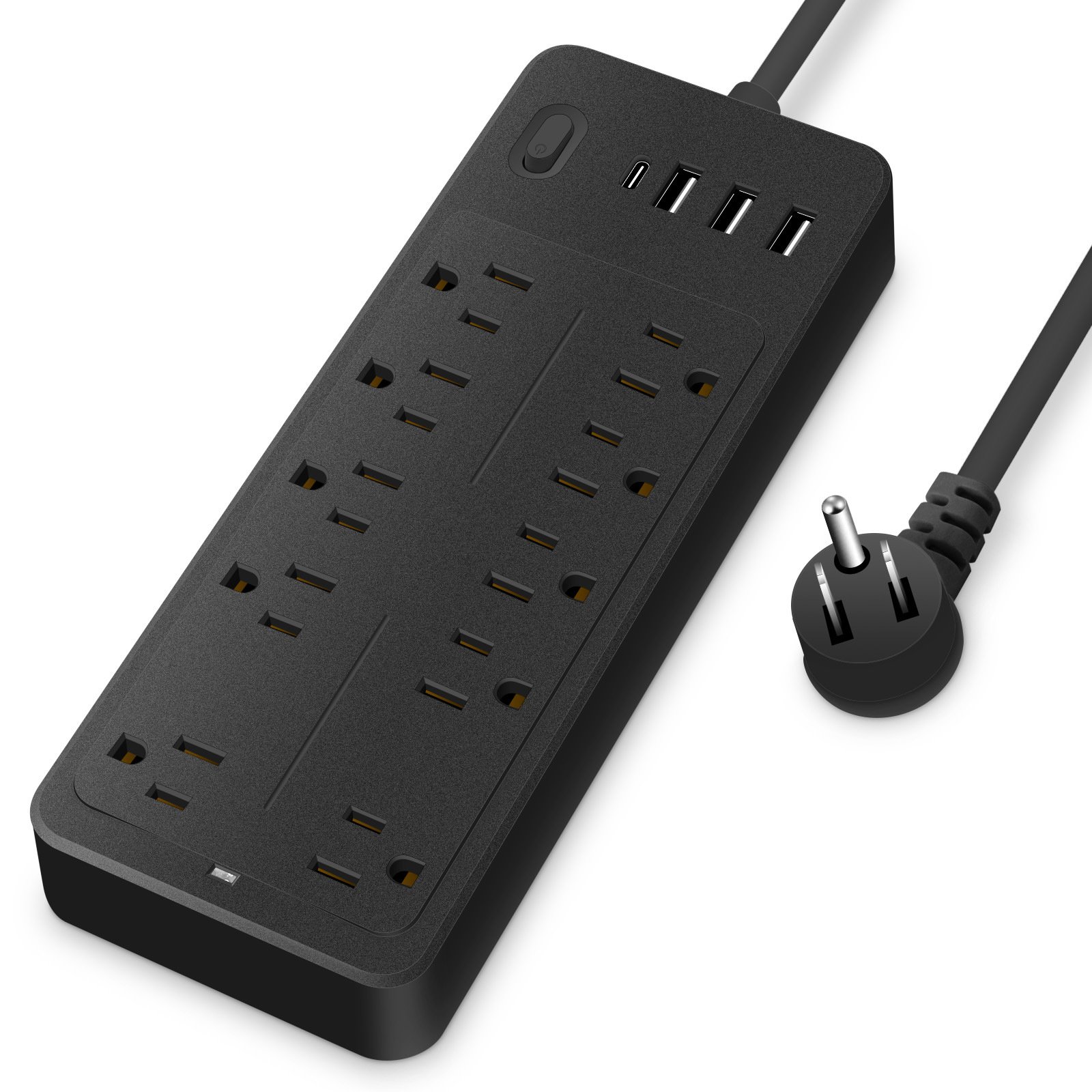 Factory Direct Surge Protector Flat Plug with 10 Outlets 3 USB Ports 1 Type C 1250W Extension Cord Power Strip for Home Office