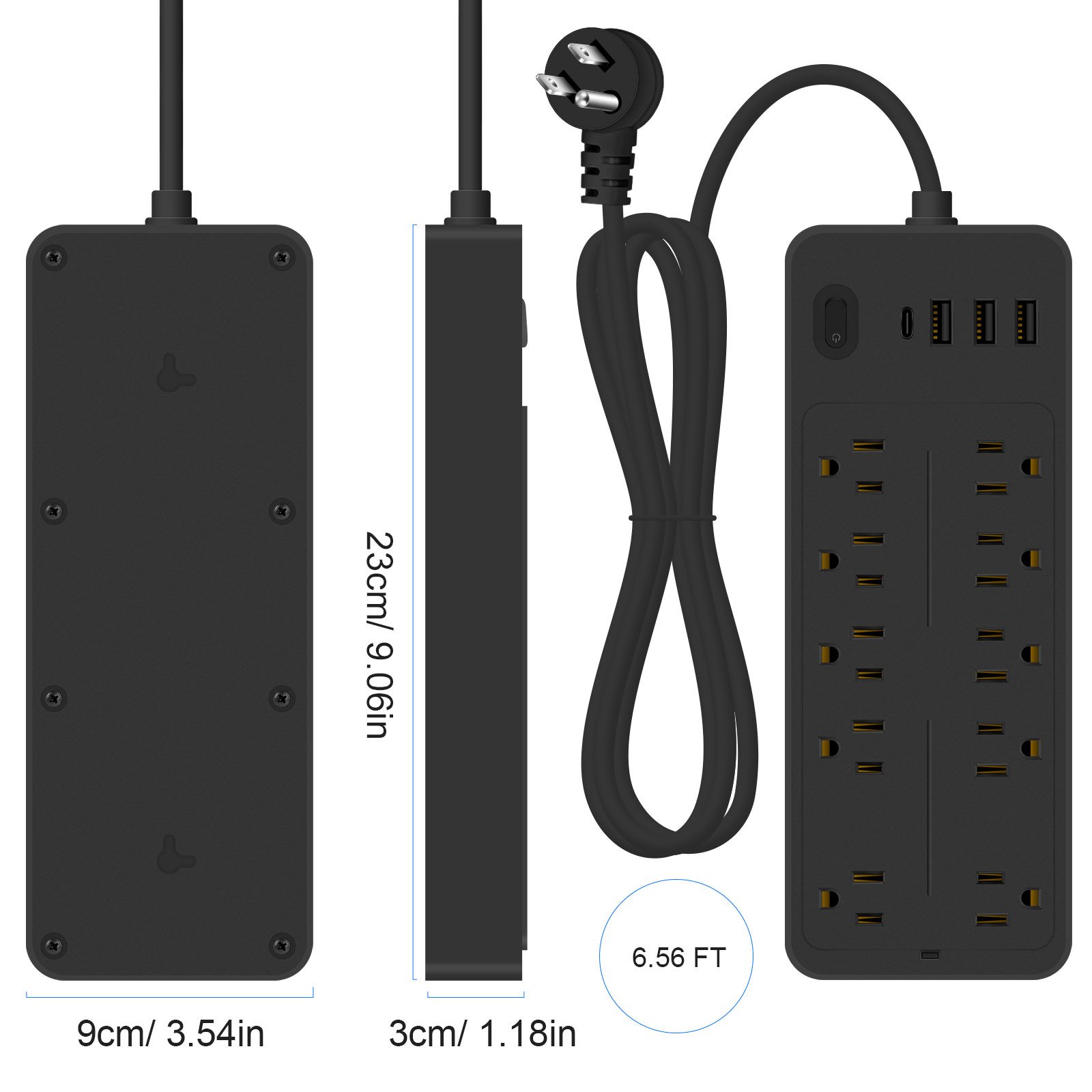 Factory Direct Surge Protector Flat Plug with 10 Outlets 3 USB Ports 1 Type C 1250W Extension Cord Power Strip for Home Office