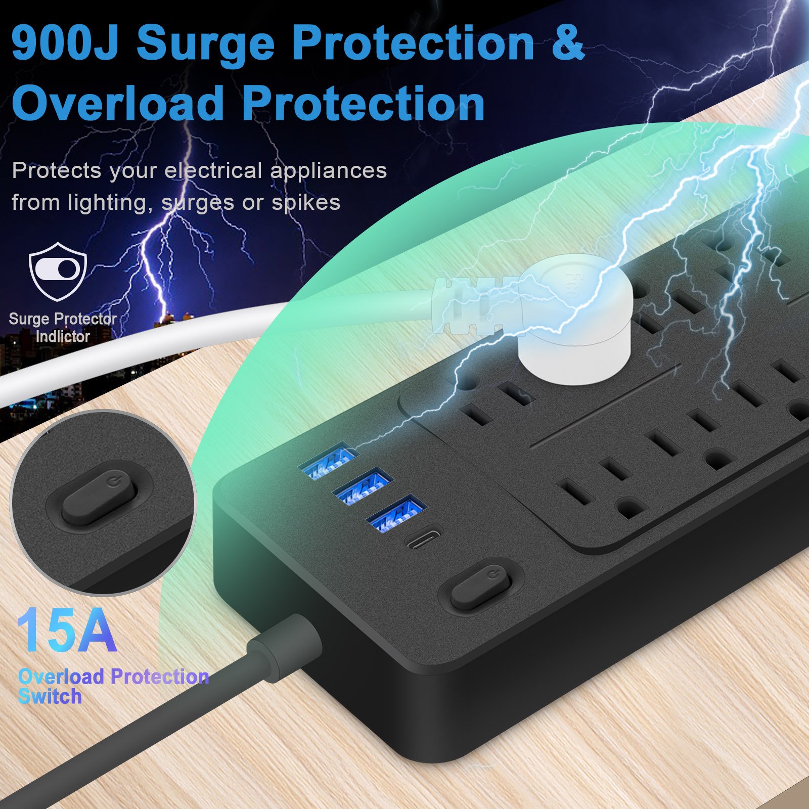 Factory Direct Surge Protector Flat Plug with 10 Outlets 3 USB Ports 1 Type C 1250W Extension Cord Power Strip for Home Office