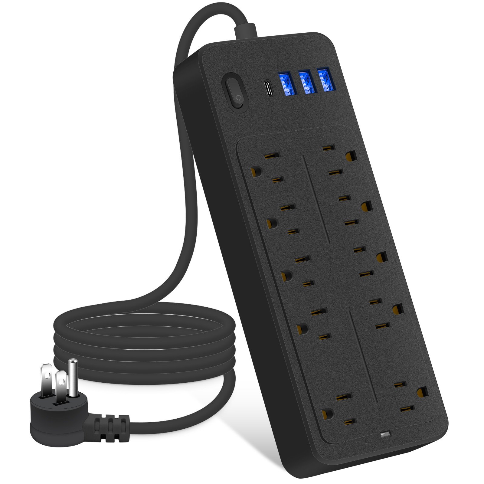 Factory Direct Surge Protector Flat Plug with 10 Outlets 3 USB Ports 1 Type C 1250W Extension Cord Power Strip for Home Office