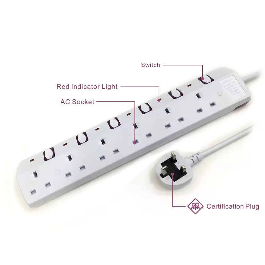 Wholesale One UK Plug and 6 Sockets 6 Way Gang Extension Lead Wall Mountable Socket AC Power Strip 13A with Individual switch