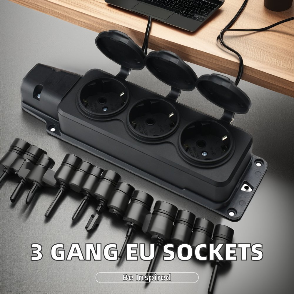 EU Standard 3 Gang Extension Waterproof Schuko IP54 3-Pin Plug 16A Rated Current Power Strips Earthing Male Plug 3 Gang Sockets