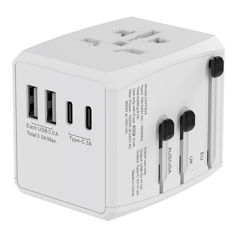 2024 Best selling Fast charging Plug by HHT-904 all in one International Plug Adapter with 2 USB QC and 2 PD Type-C