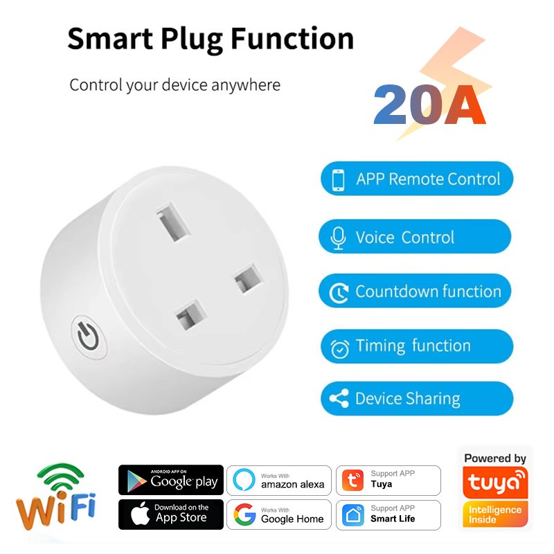 Tuya Smart or Smart Life APP Compatible Alexa Google Home 16A EU UK US Smart WiFi Power Plug with Power Monitor WiFi Smart Plug