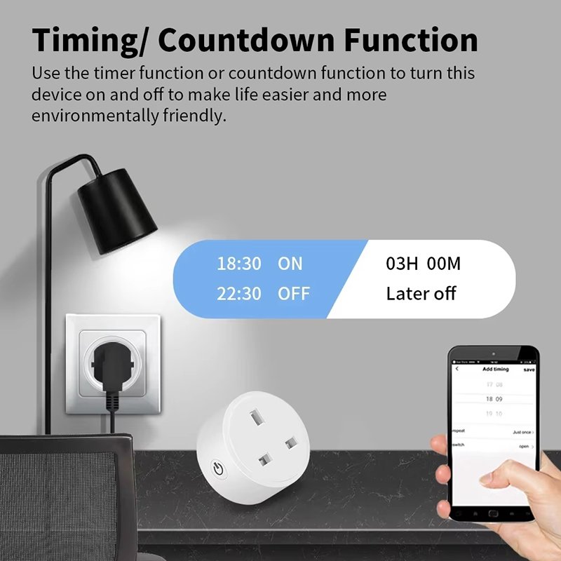 Tuya Smart or Smart Life APP Compatible Alexa Google Home 16A EU UK US Smart WiFi Power Plug with Power Monitor WiFi Smart Plug