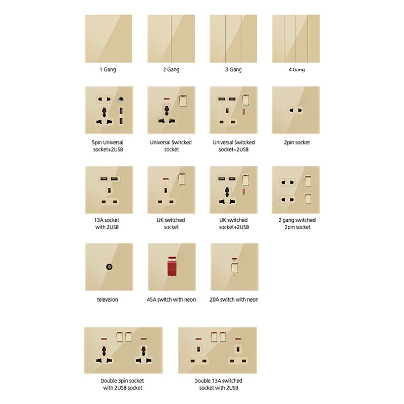 S3.1acrylic wall switch socket black 3 pin uk 13a plug socket wall socket with led