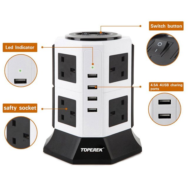 Universal UK standard toperek latest power strip With 4 USB charging ports 8 Outlets extension plug socket