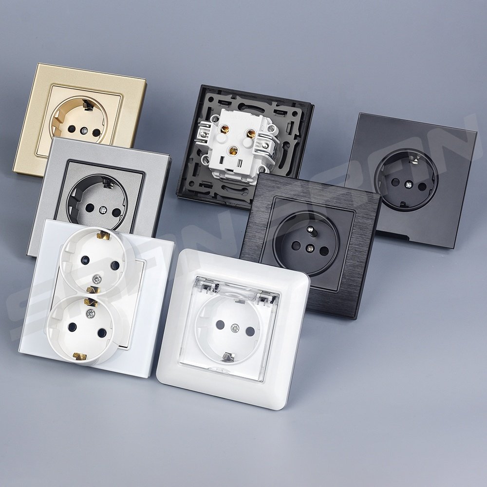 Europe 230 220v plugs home wall power electric switch aluminium metal brushed schuko socket eu