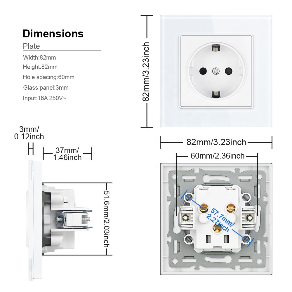 Europe 230 220v plugs home wall power electric switch aluminium metal brushed schuko socket eu