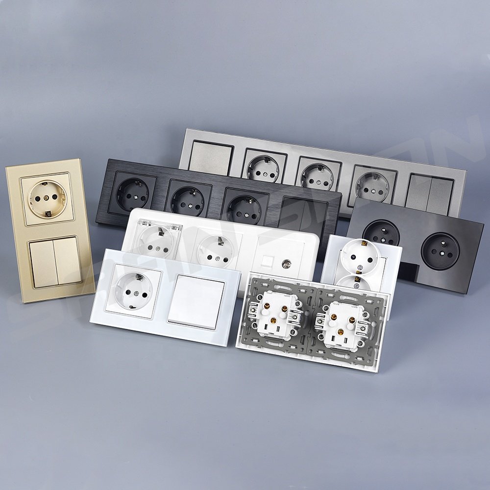 Europe 230 220v plugs home wall power electric switch aluminium metal brushed schuko socket eu