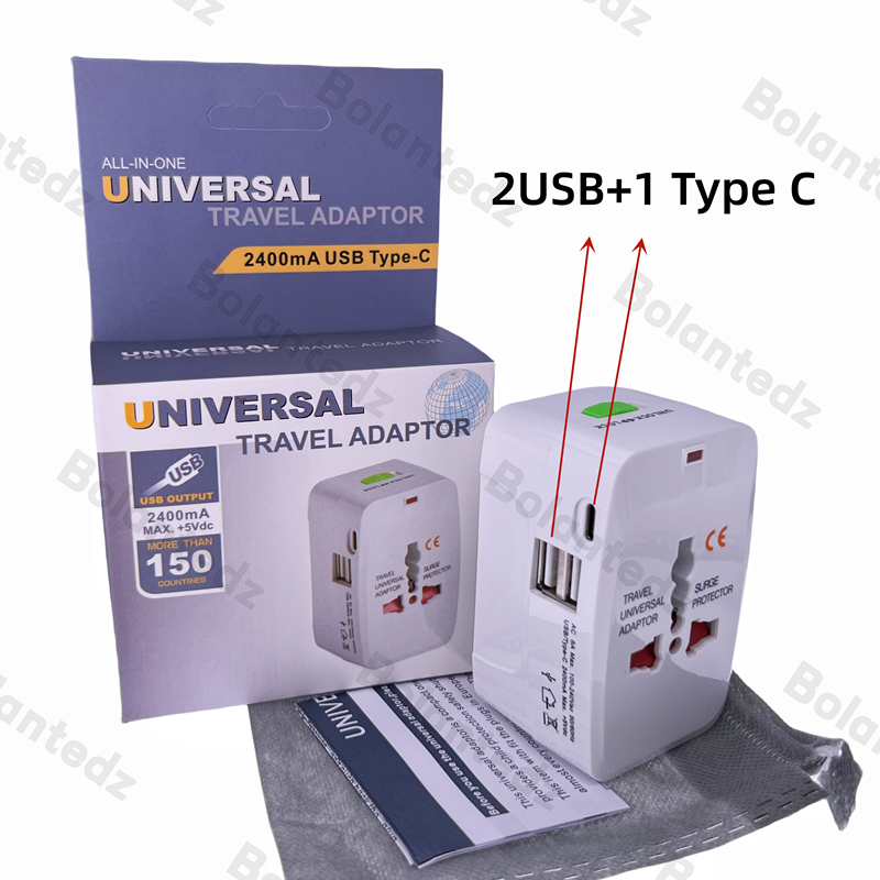 Global Travel Multifunctional Adapter 2 USB+Type-C Universal Plug Socket 2A Safety Conversion Socket OEM Customization Rated CN