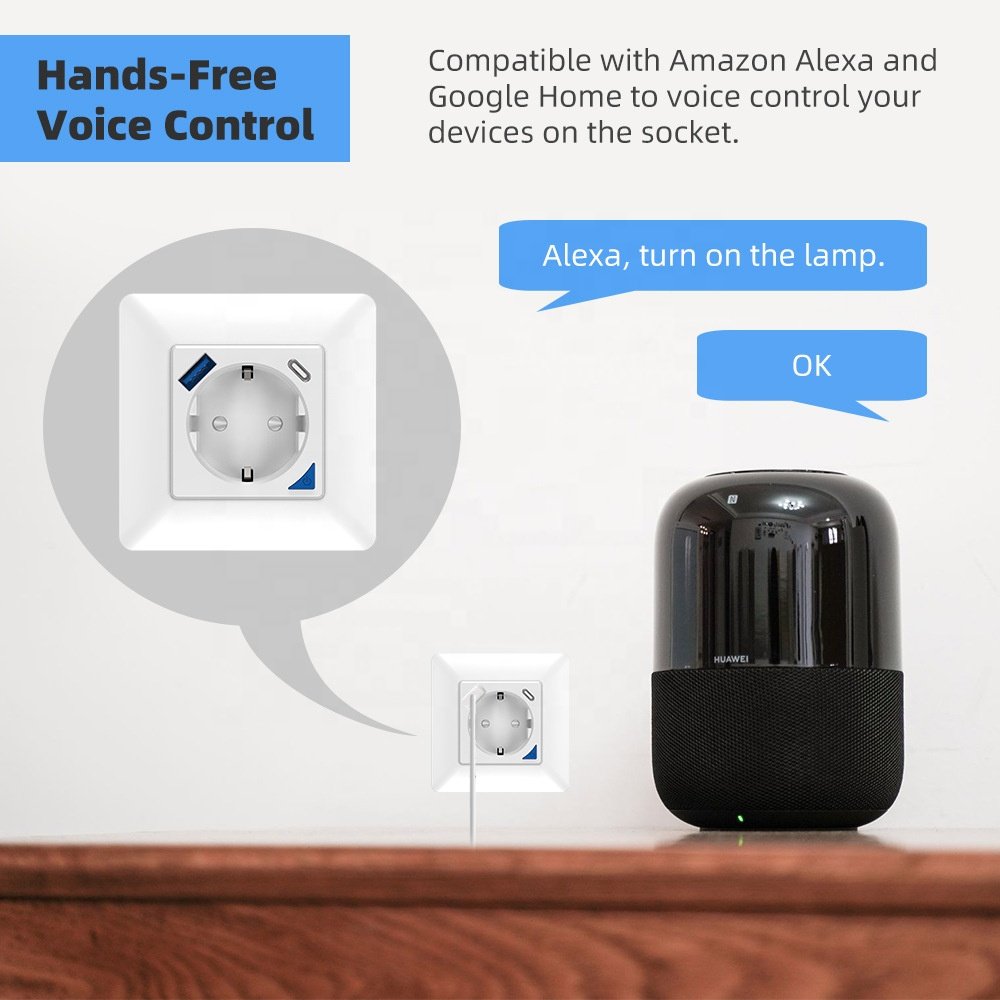 WiFi Smart Wall Socket with USB Connection and USB C,PD20W,Flush-Mounted Socket,Alexa Socket,Google Home,Remote Control Socket