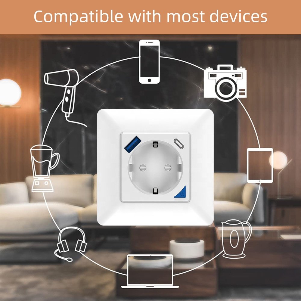 WiFi Smart Wall Socket with USB Connection and USB C,PD20W,Flush-Mounted Socket,Alexa Socket,Google Home,Remote Control Socket