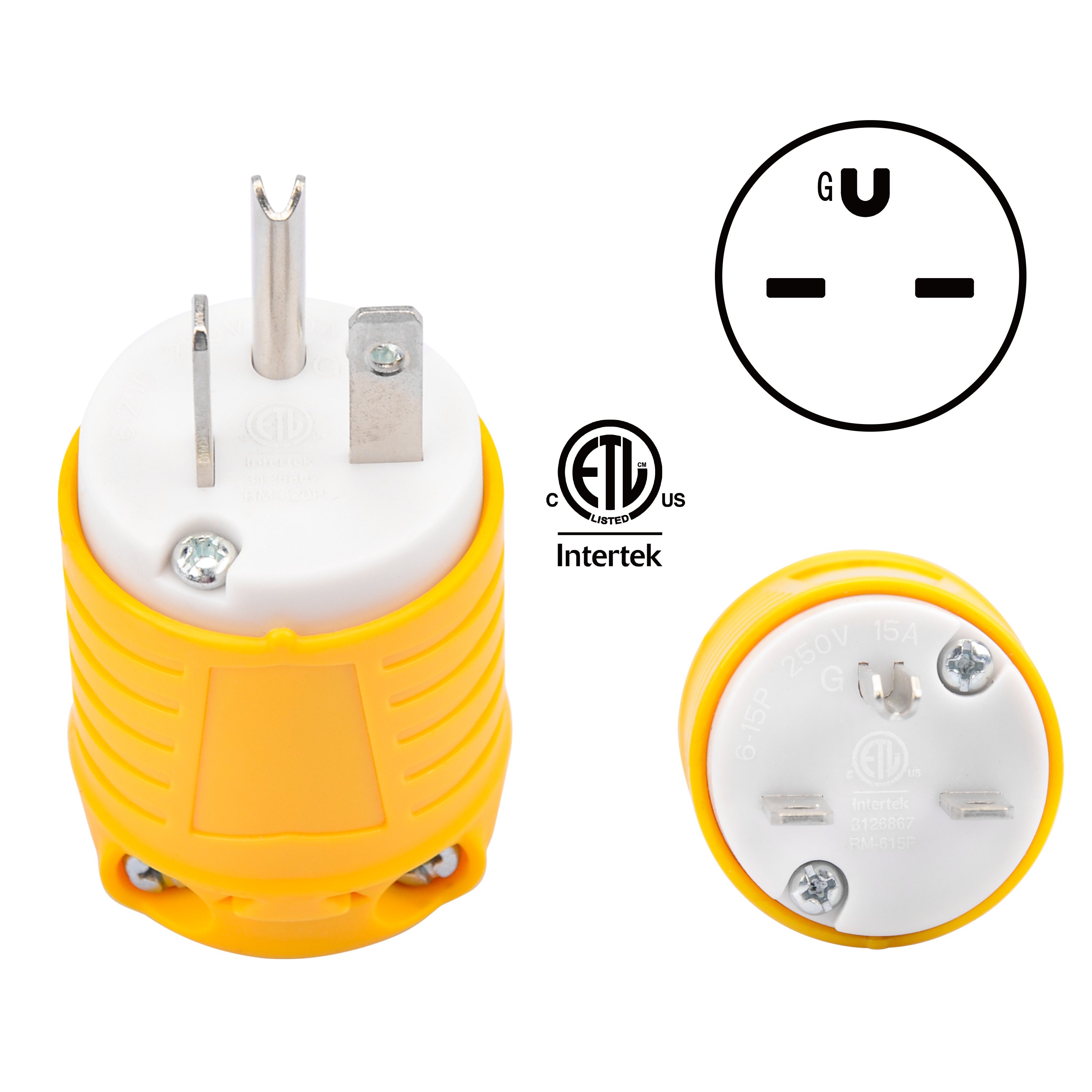 NEMA 6-15P Extension Cord Male Plug Replacement, 15 Amp 250 Volt Extension Cord Ends Male Plug, ETL Approved Replacement Plug