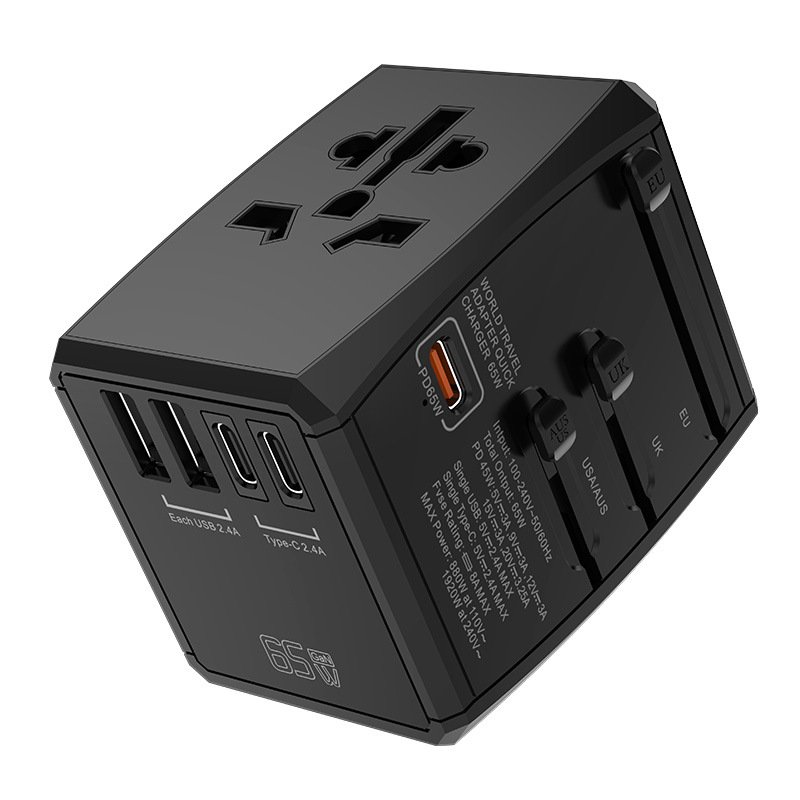 Universal Travel Adapter,PD 65W International Power Plug Adapter 6 in 1 with 3 USB-C & 2 USB-A Fast Charging,AC outlet Worldwide