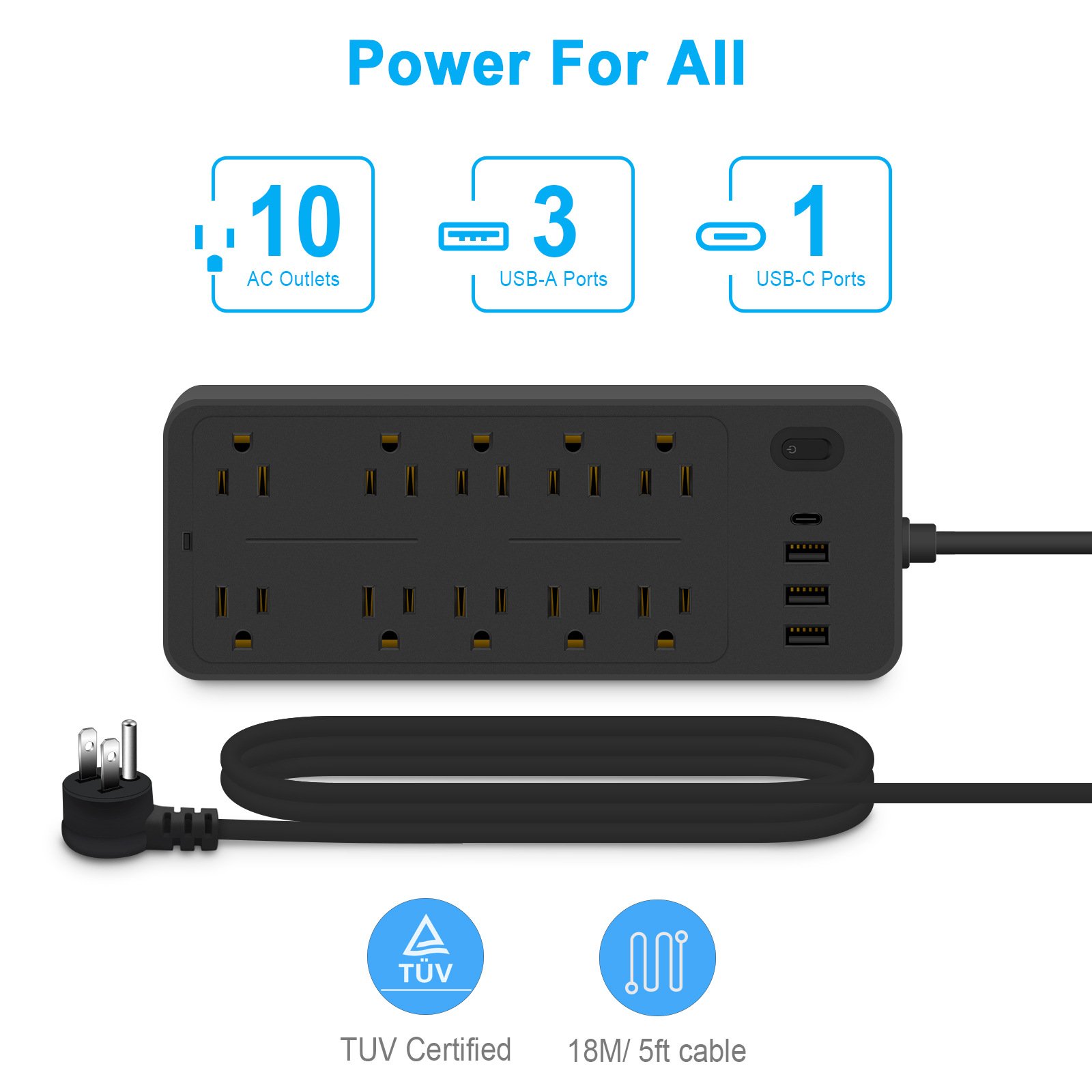 Smart Power Socket Plug US power strip surge protector with 10 outlets and 3USB 1type-c black white for US