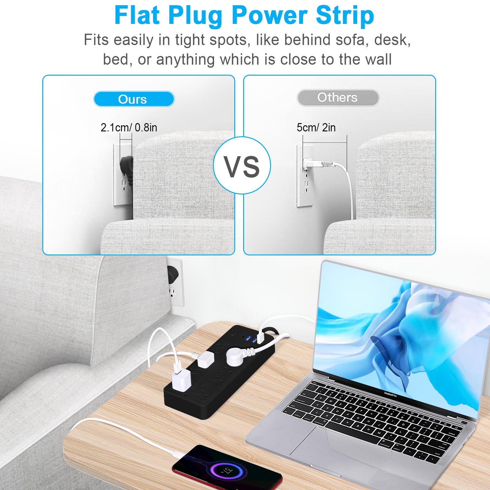 Smart Power Socket Plug US power strip surge protector with 10 outlets and 3USB 1type-c black white for US