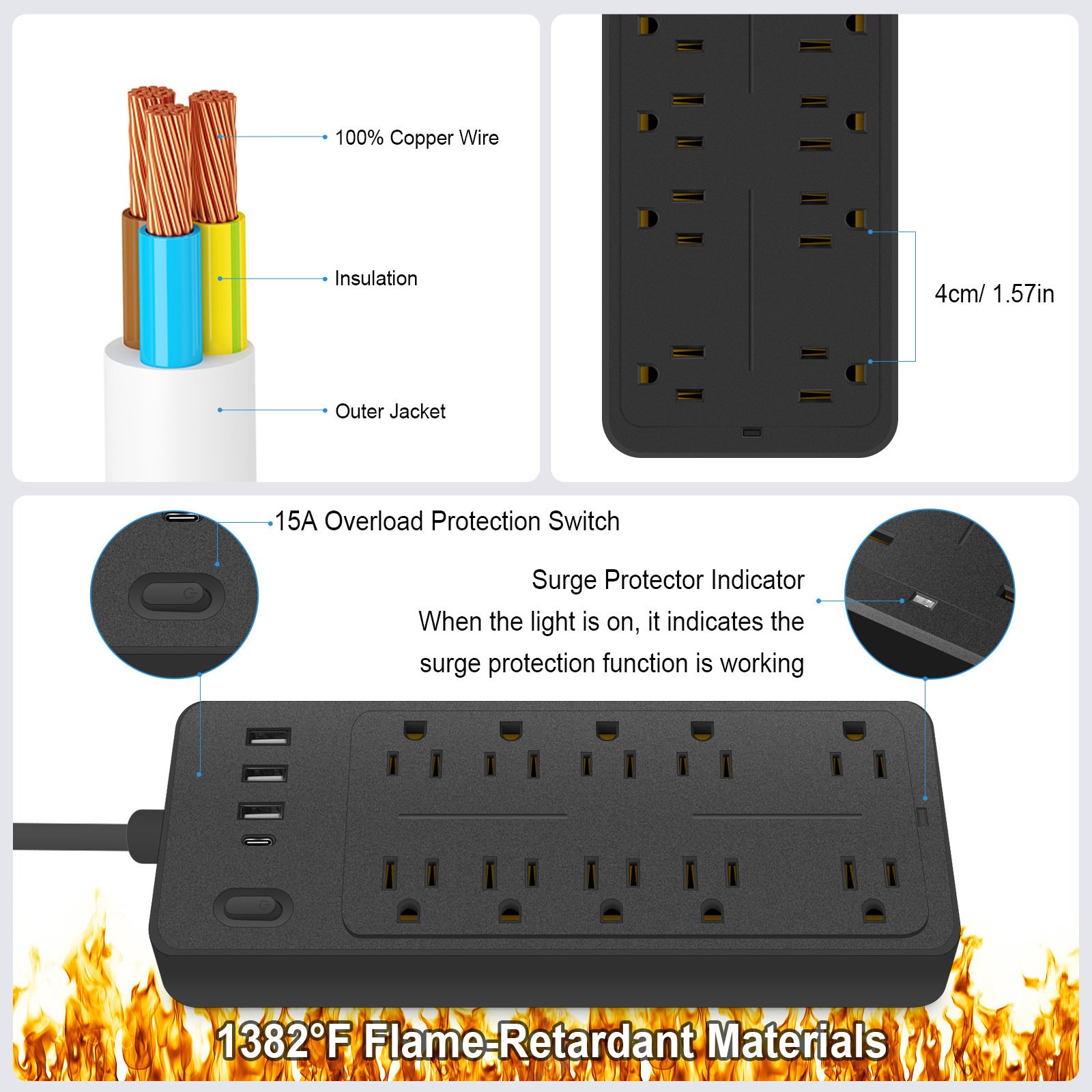 Smart Power Socket Plug US power strip surge protector with 10 outlets and 3USB 1type-c black white for US