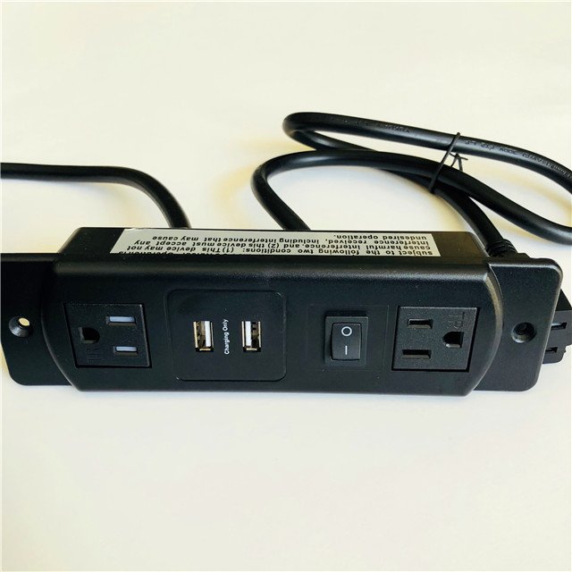 4 ways recessed mounted black color power plug power outlet power socket with 2TR socket,2 separated USB and 1 0n/off switch