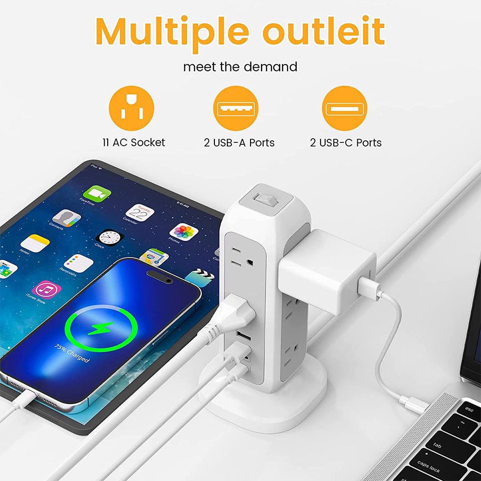 Extension Lead with USB C Ports, Power Strips with 11 Way Outlets 4 USB(4.5A, 2 Type C and 2USB-A Port) Surge Protection Plug