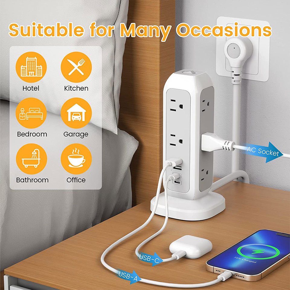 Extension Lead with USB C Ports, Power Strips with 11 Way Outlets 4 USB(4.5A, 2 Type C and 2USB-A Port) Surge Protection Plug