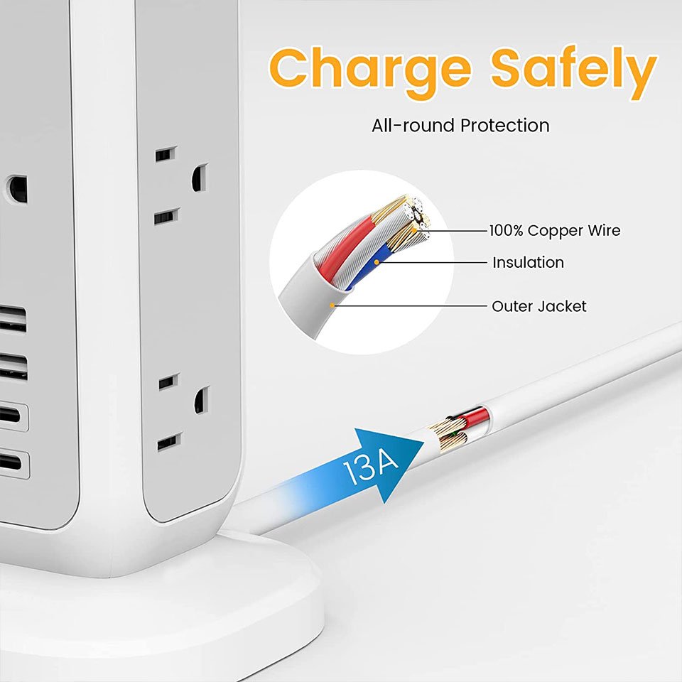 Extension Lead with USB C Ports, Power Strips with 11 Way Outlets 4 USB(4.5A, 2 Type C and 2USB-A Port) Surge Protection Plug