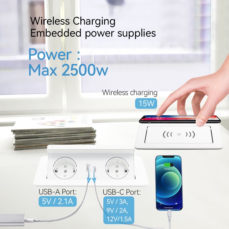 Manufacturer Supplier With 16A Wireless Charging Switch Socket Study Desk Hidden Plug Socket Dressing Table Recessed USB Socket