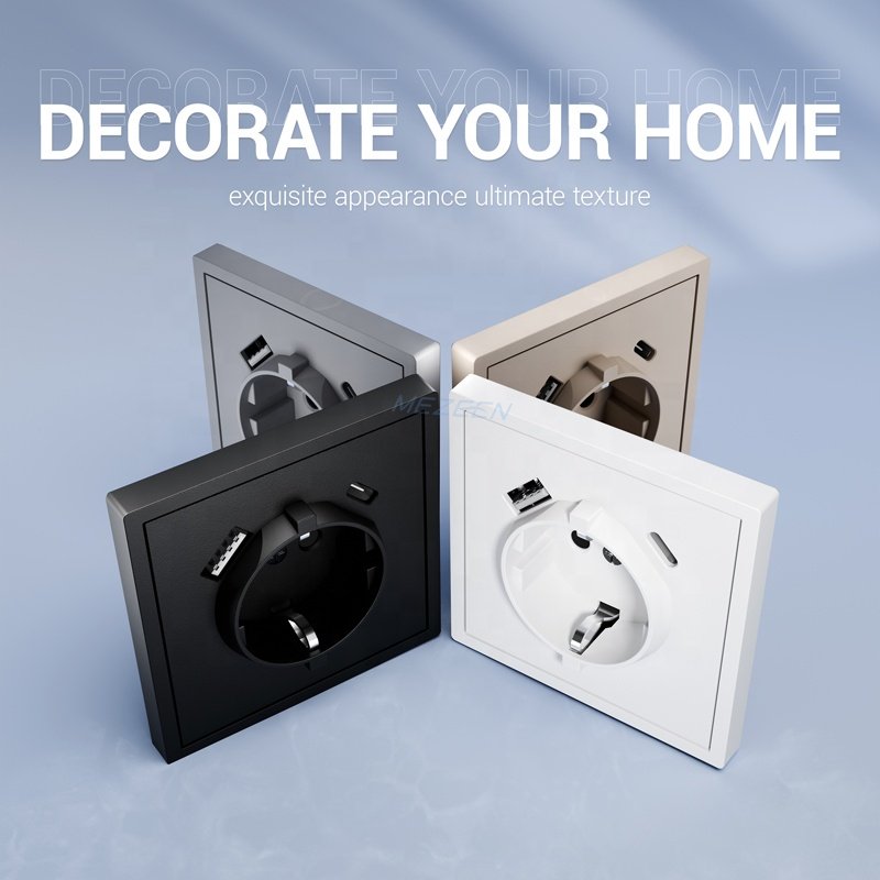 Euro Standard Black PC Panel Electric Plug Outlet Socket With USB Type A And Type C Port Germany USB Charge Socket