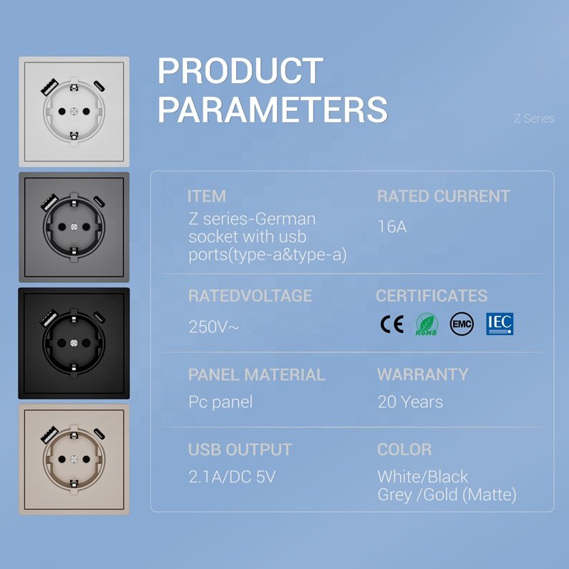Euro Standard Black PC Panel Electric Plug Outlet Socket With USB Type A And Type C Port Germany USB Charge Socket