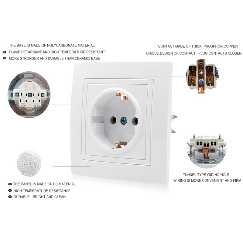 Pure White PC EU Electrical Wall Socket German Power Outlet Schuko Plug