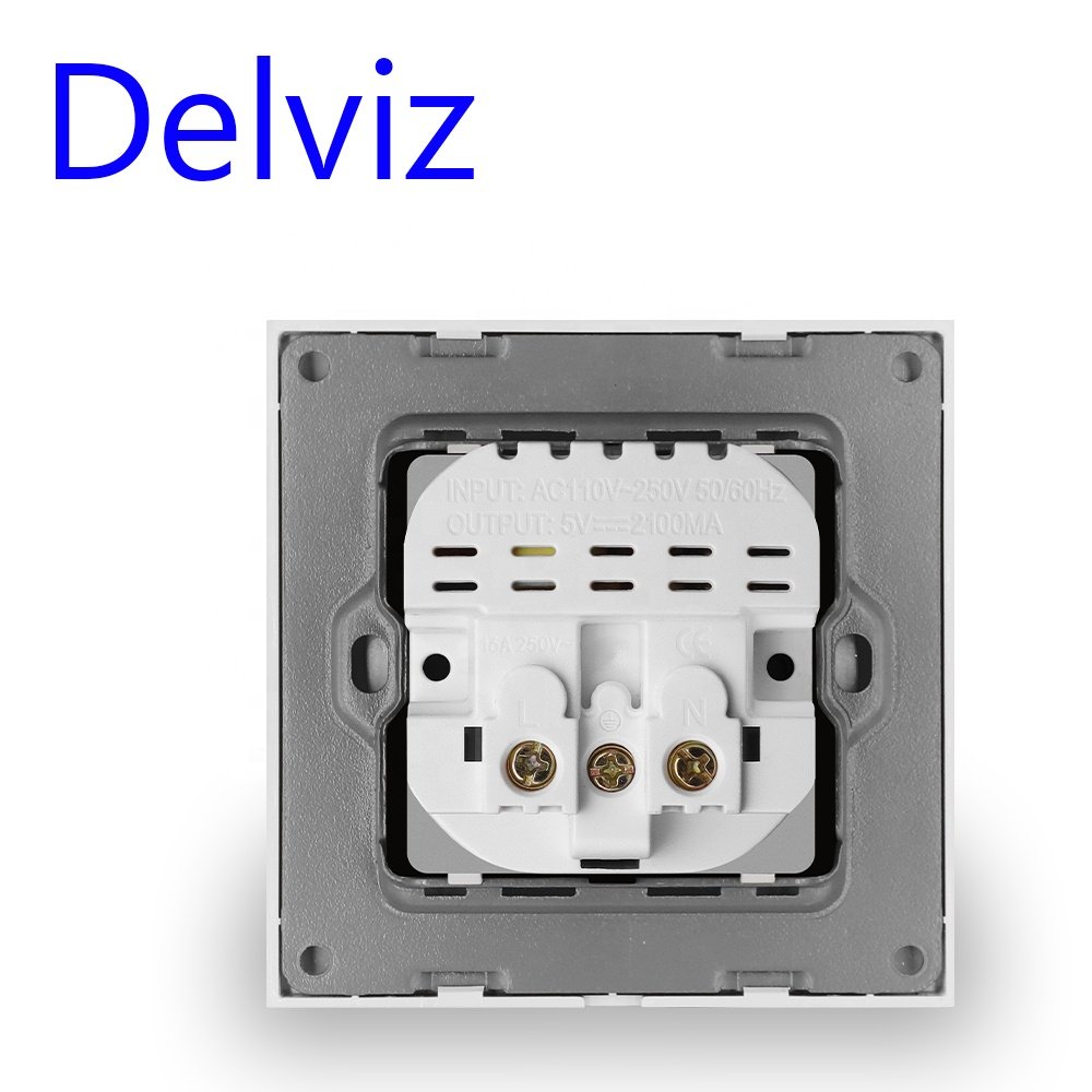 Delviz European 5V 2A charging port, Toughened Crystal Glass Panel, electrical outlet,16A Power plug EU standard Wall USB Socket