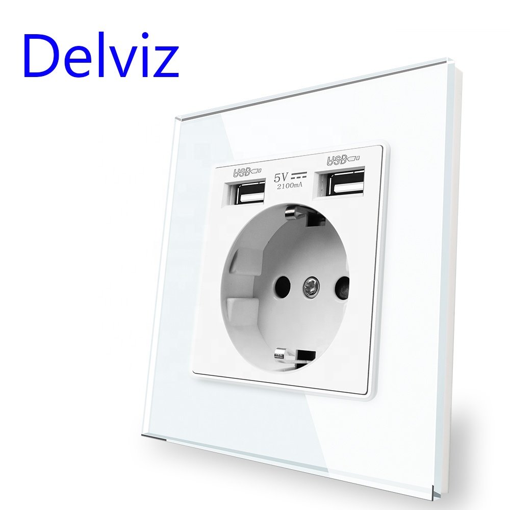 Delviz European 5V 2A charging port, Toughened Crystal Glass Panel, electrical outlet,16A Power plug EU standard Wall USB Socket