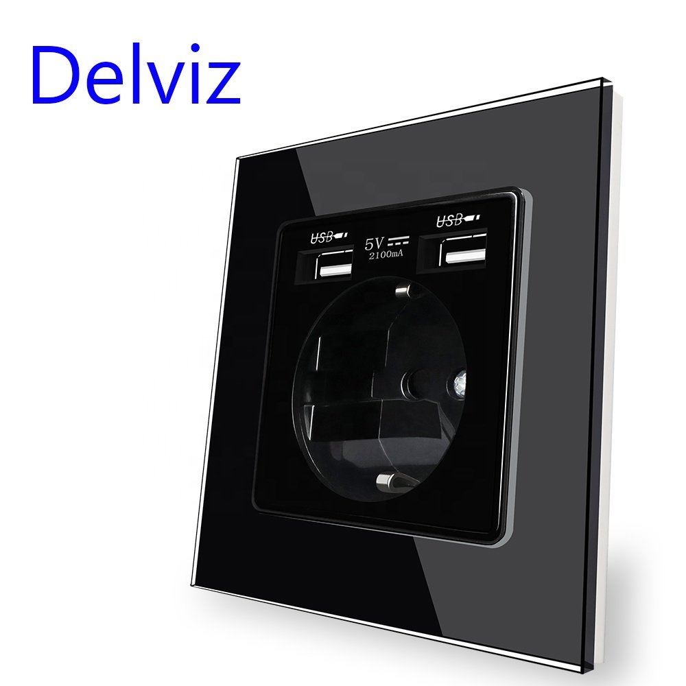 Delviz European 5V 2A charging port, Toughened Crystal Glass Panel, electrical outlet,16A Power plug EU standard Wall USB Socket