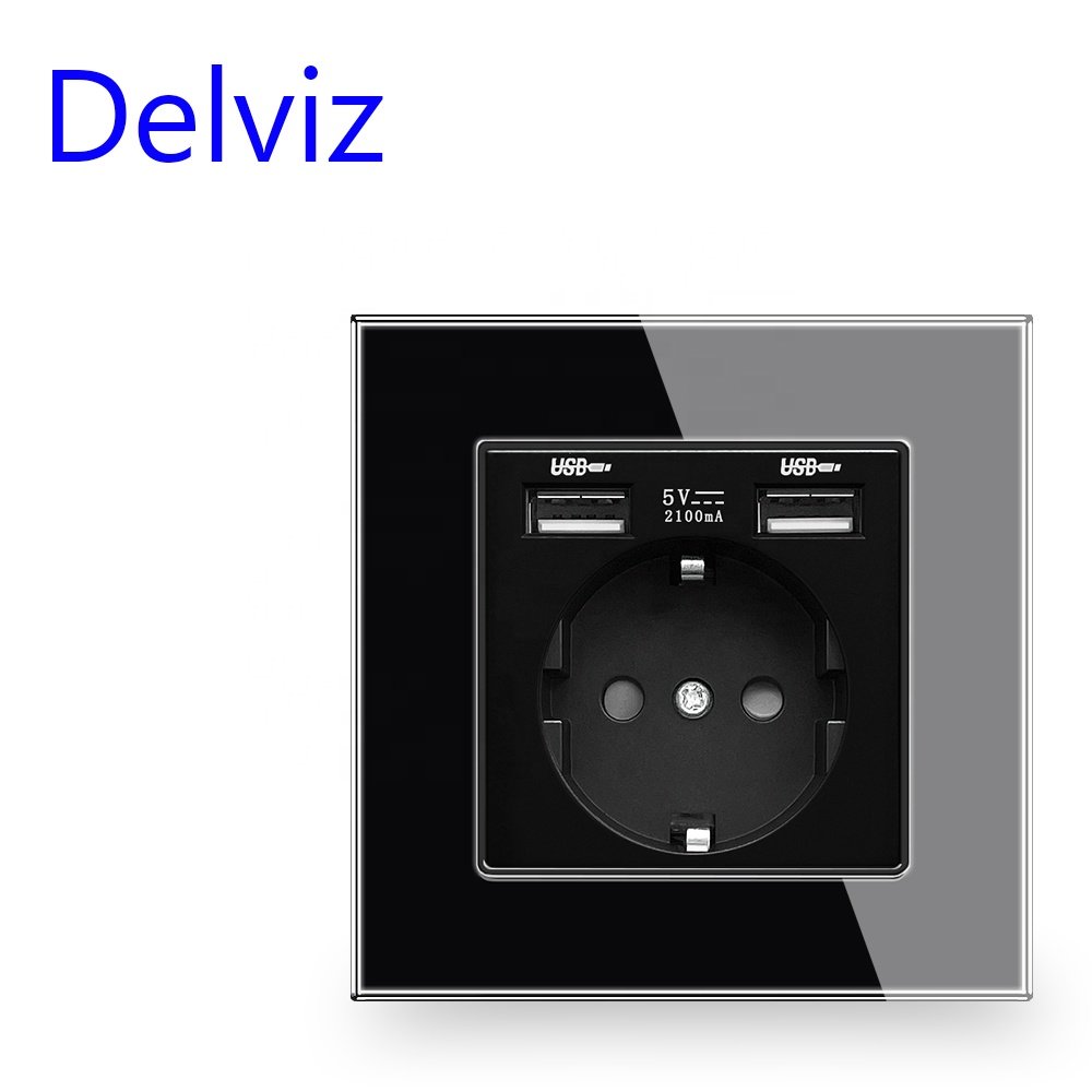 Delviz European 5V 2A charging port, Toughened Crystal Glass Panel, electrical outlet,16A Power plug EU standard Wall USB Socket