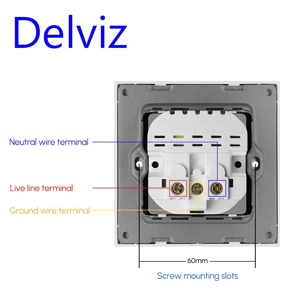 Delviz European 5V 2A charging port, Toughened Crystal Glass Panel, electrical outlet,16A Power plug EU standard Wall USB Socket