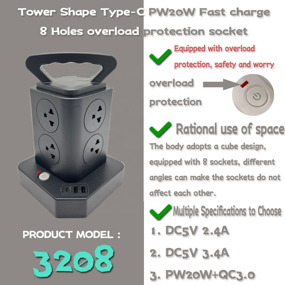 Custom logo Thailand power socket with PD20W Type-C port and USB port outlet extension cord Electrical Plug Thailand socket