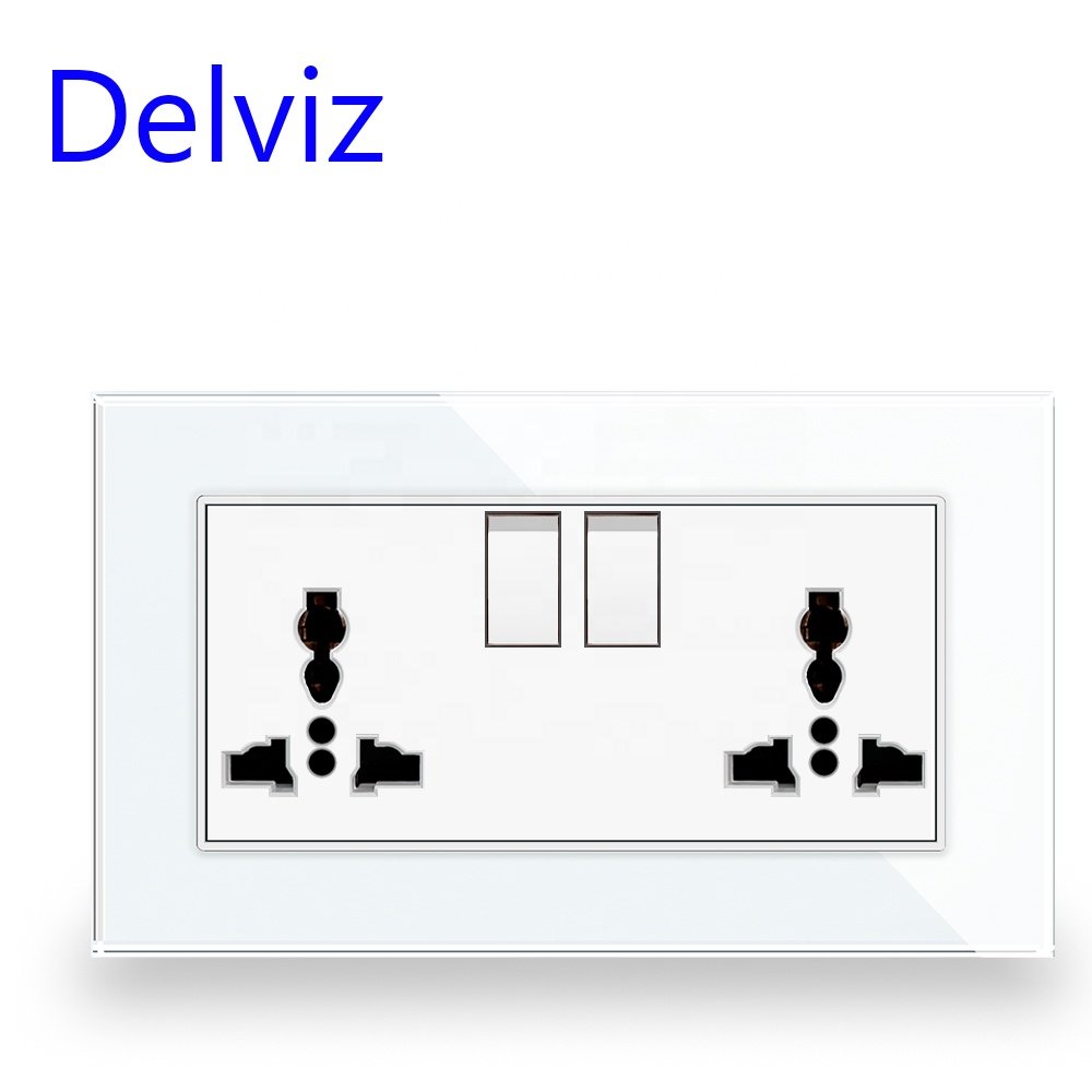 Delviz Glass panel Electric plug socket, No logo, AC 110~250V, UK 13A Wall Double power outlet, Switch control Universal Socket