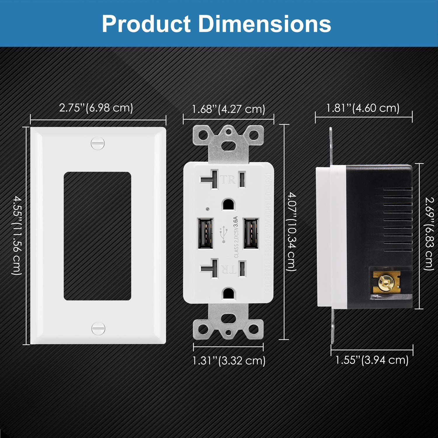 15A USB Wall Receptacle with 2 USB Charging Ports White Plug & Socket Passed American and Canadian Electrical Standards