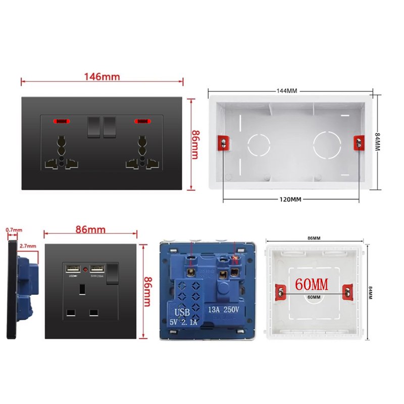 Tempered Glass Wall Light Switch Button Black UK Plug 13A Universal Wall Socket with Usb , UK switches and socket 110V-220V