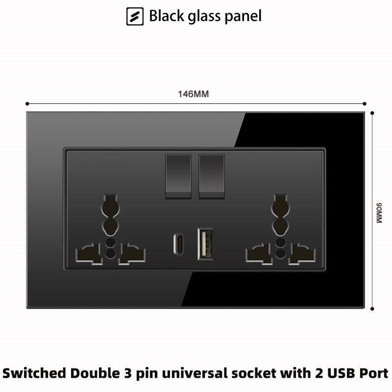 Tempered Glass Wall Light Switch Button Black UK Plug 13A Universal Wall Socket with Usb , UK switches and socket 110V-220V