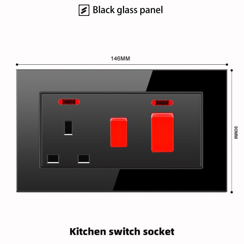 Tempered Glass Wall Light Switch Button Black UK Plug 13A Universal Wall Socket with Usb , UK switches and socket 110V-220V