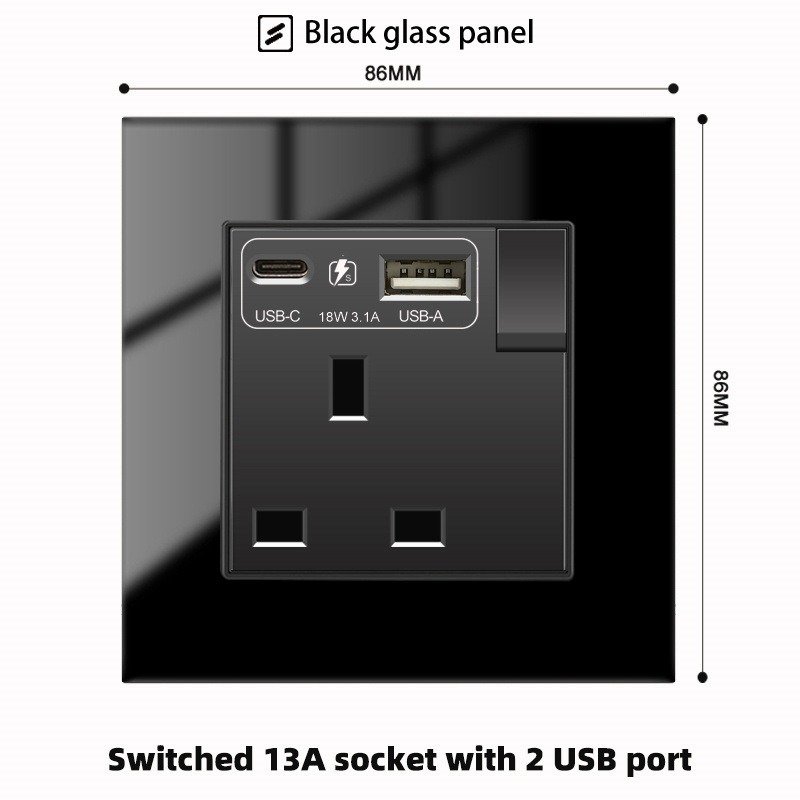 Tempered Glass Wall Light Switch Button Black UK Plug 13A Universal Wall Socket with Usb , UK switches and socket 110V-220V