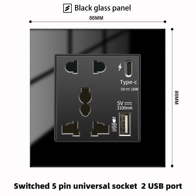 Tempered Glass Wall Light Switch Button Black UK Plug 13A Universal Wall Socket with Usb , UK switches and socket 110V-220V