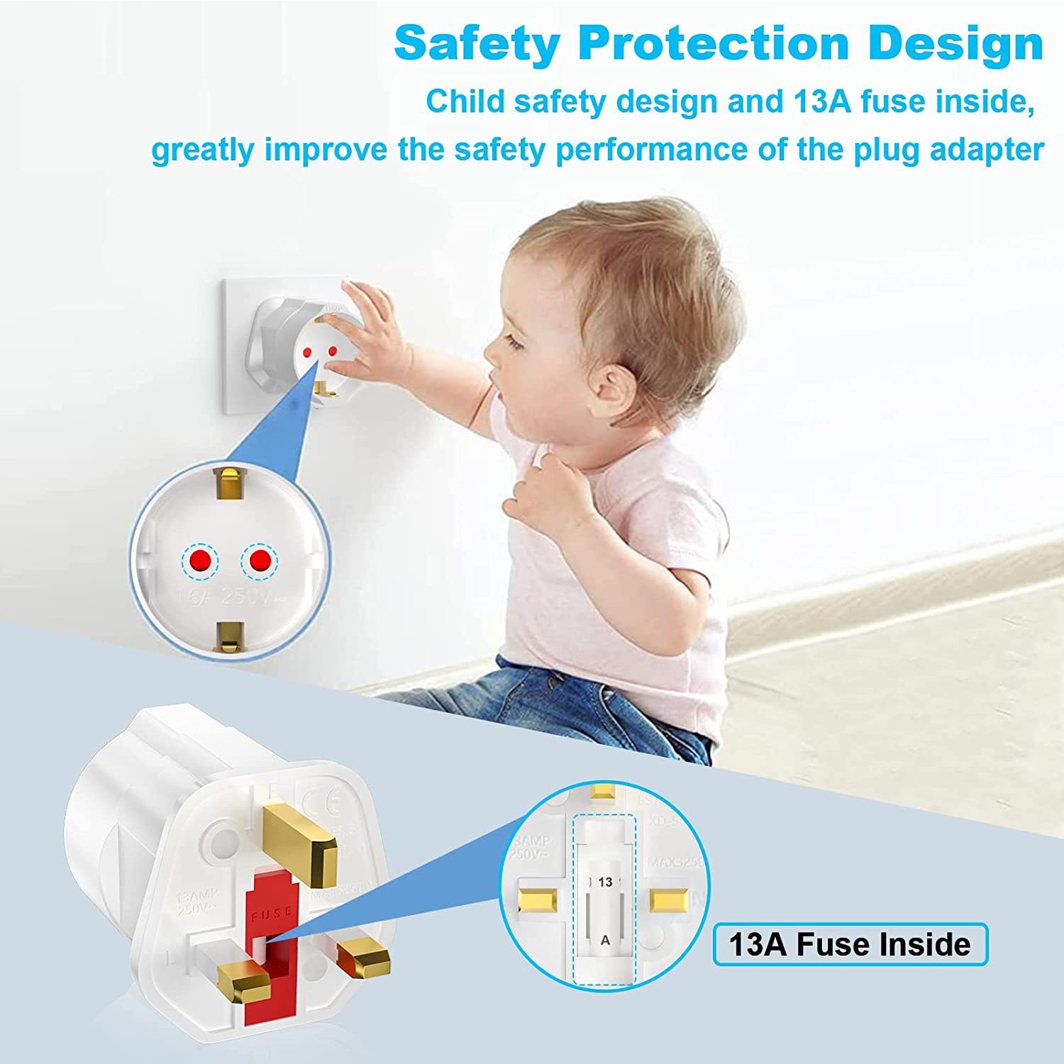 UK 13A Power Adapter Single Socket Travel Adaptor EU UK Converter Plug Charger Safety Features PC Material Home OEM Customizable