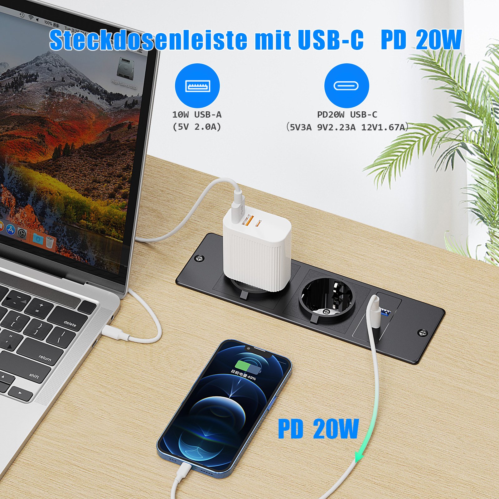 4 in 1 EU Germany plug Desk Outlet with USB-A USB-C socket Power Grommet Europe Furniture Recessed Power Strip power board