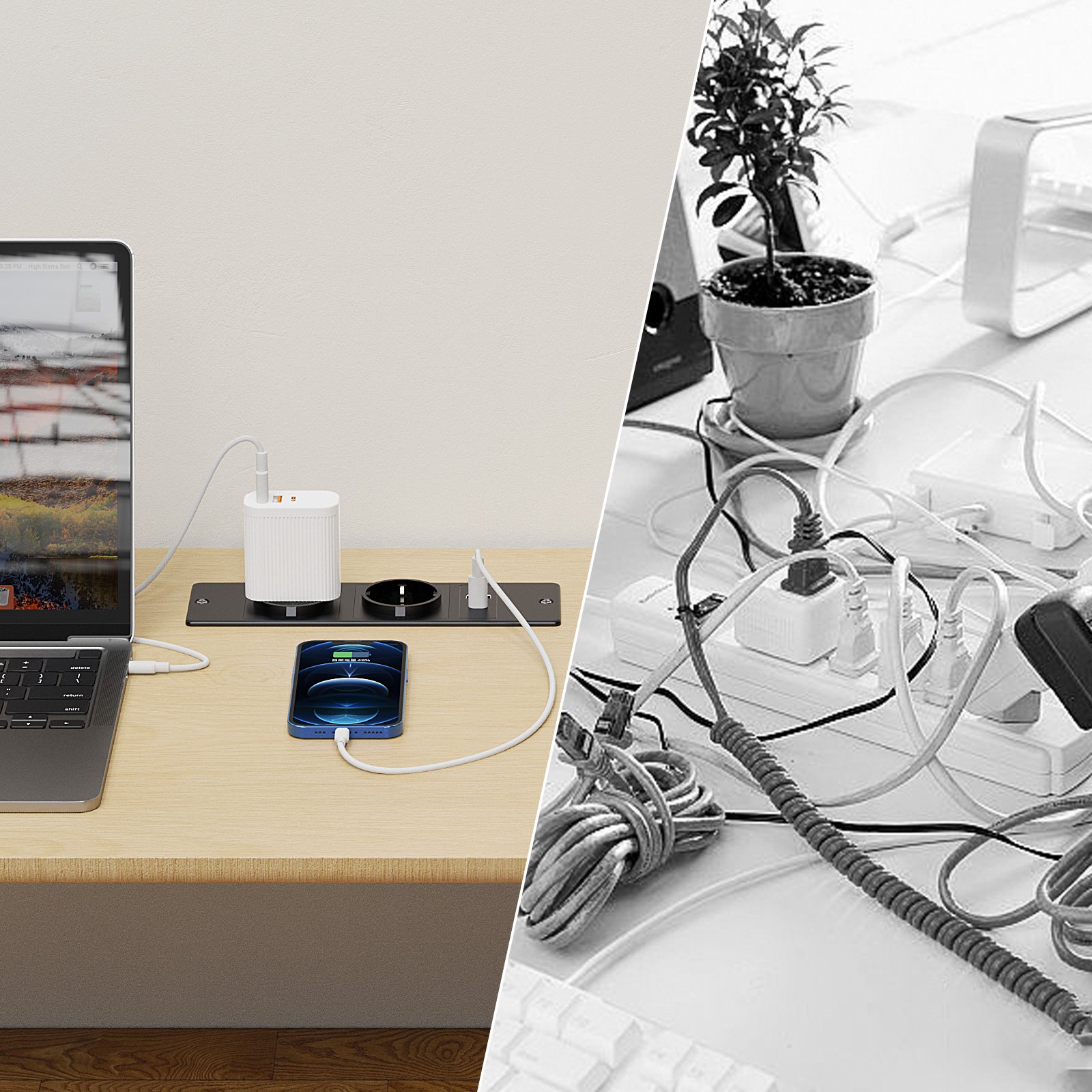 4 in 1 EU Germany plug Desk Outlet with USB-A USB-C socket Power Grommet Europe Furniture Recessed Power Strip power board