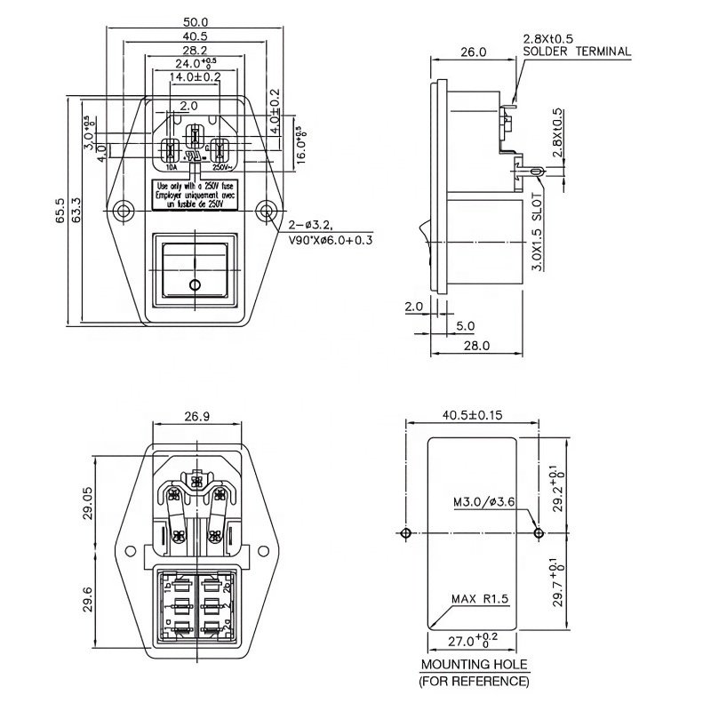 10A 250V AC Power Inlet Connector IEC 320 C14 Desk Plug Power Socket with Rocker Switch 2 Fuse for Medical Appliance