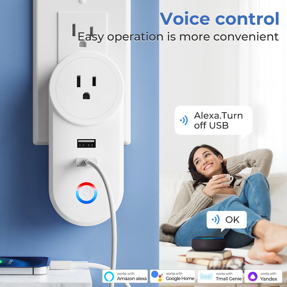 SMATRUL 16A Outlet Adapter Charging Voice Smart Life App Electrical For Google Home Alexa Tuya Wifi Smart USB Socket Us Plug