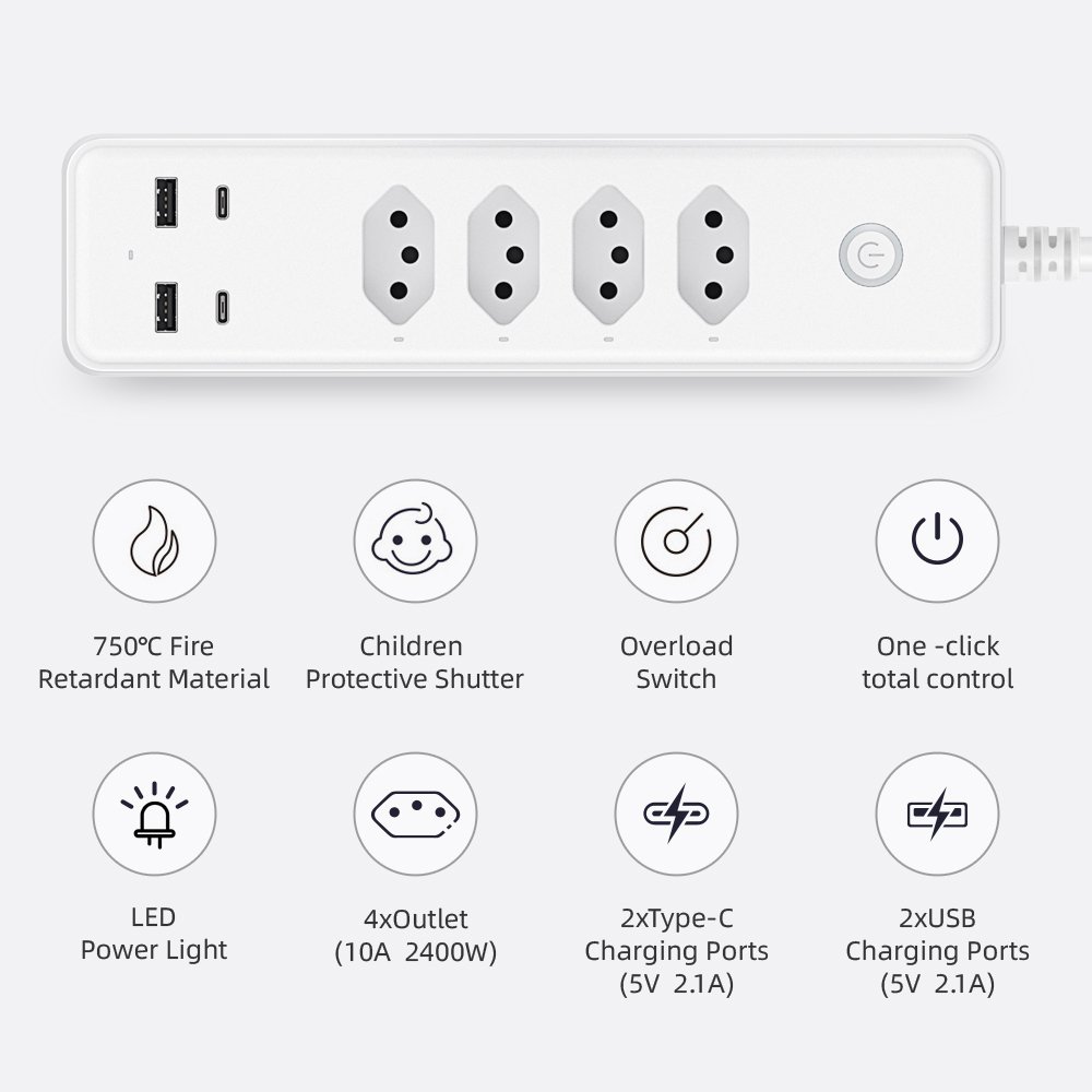 XZJ Tuya 4Way 2USB 2C Smart Extension Socket Plug Brazil WIFI Desk power strip