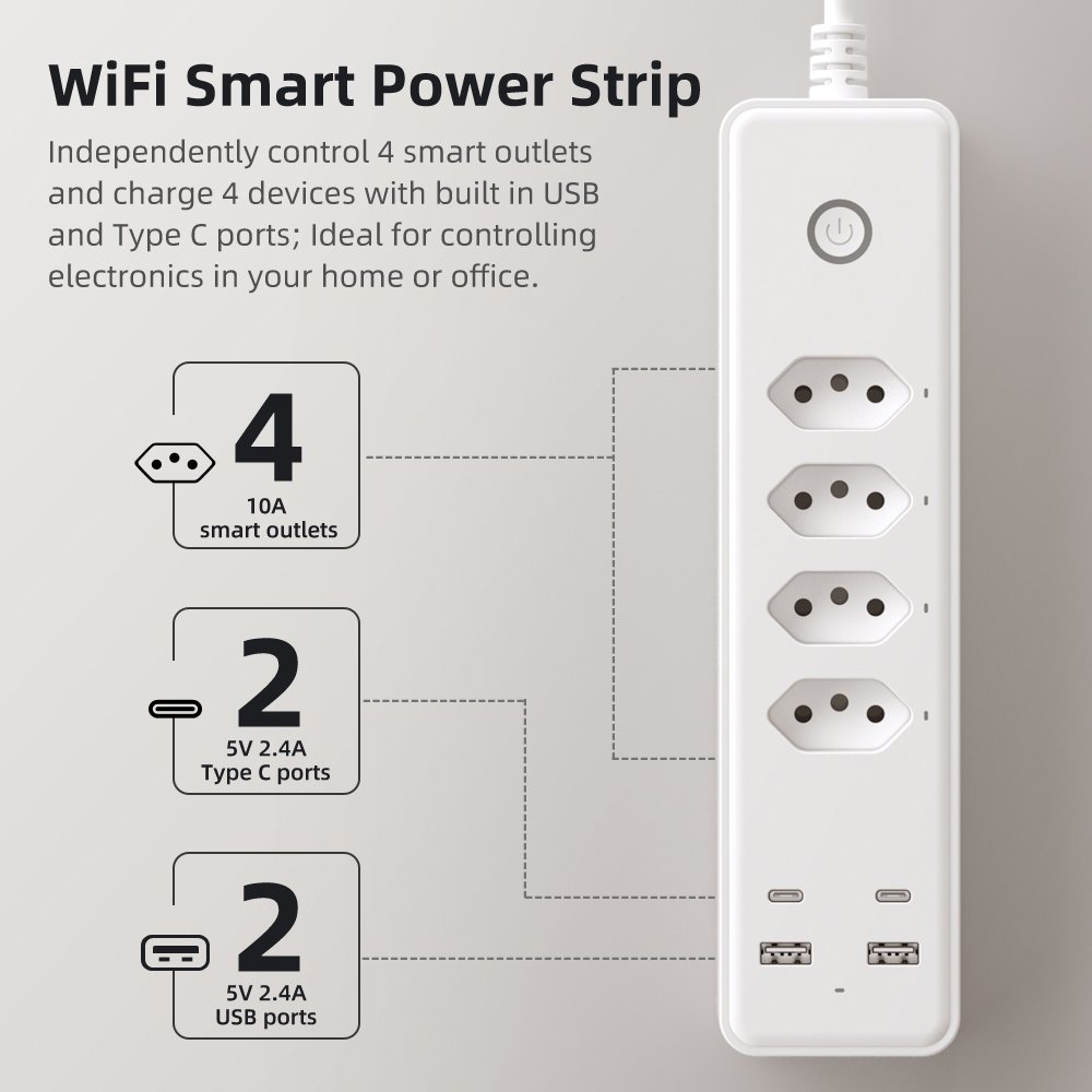 XZJ Tuya 4Way 2USB 2C Smart Extension Socket Plug Brazil WIFI Desk power strip